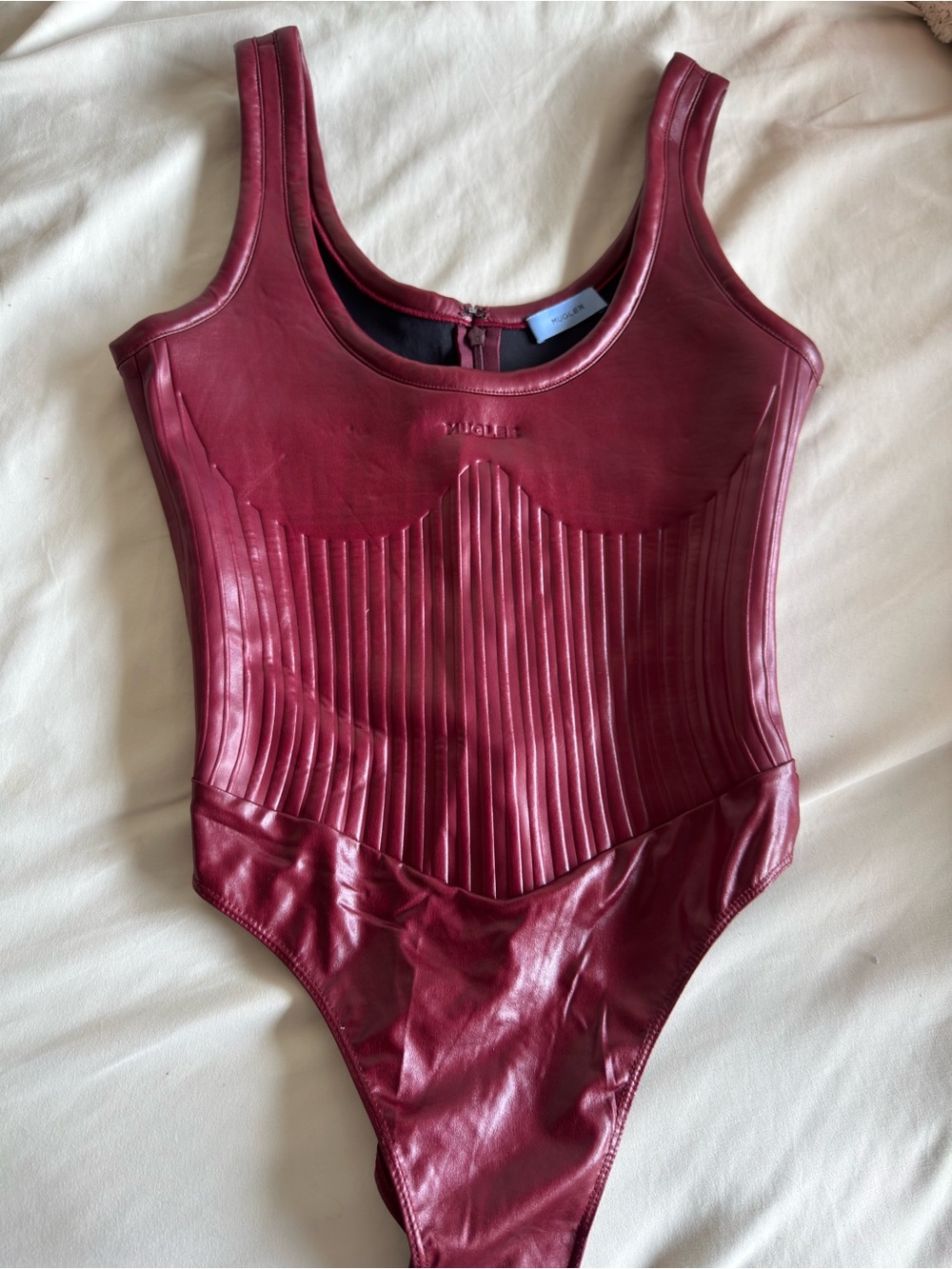 Mugler Cherry / Ruby Burgundy Red Sculpted Faux-Leather Bodysuit